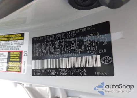 2022 Toyota Camry Le from USA, damaged, VIN 4T1R11AK6NU044297